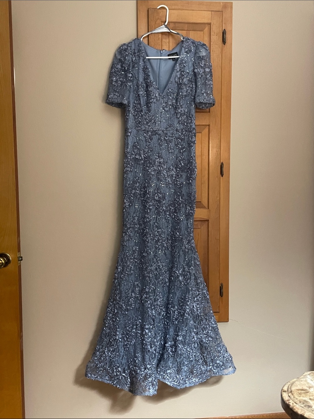 Xscape Slate Blue Lace Maxi Dress with V-Neck